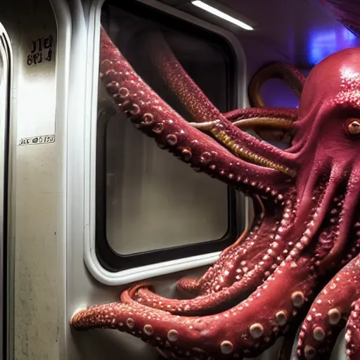 Image similar to a photo of a giant octopus mindflayer invading a interior of a subway train in new york, cinematic lighting