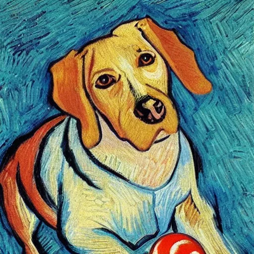 Prompt: dog playing with ball, van gogh