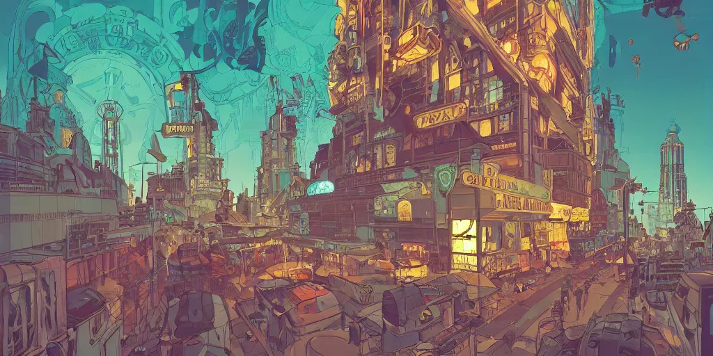 Image similar to a study of cell shaded cartoon of the interior of a bioshock style art deco city, illustration, post grunge, concept art by josan gonzales and wlop, by james jean, victo ngai, david rubin, mike mignola, laurie greasley, highly detailed, sharp focus, trending on artstation, hq, deviantart, art by artgem