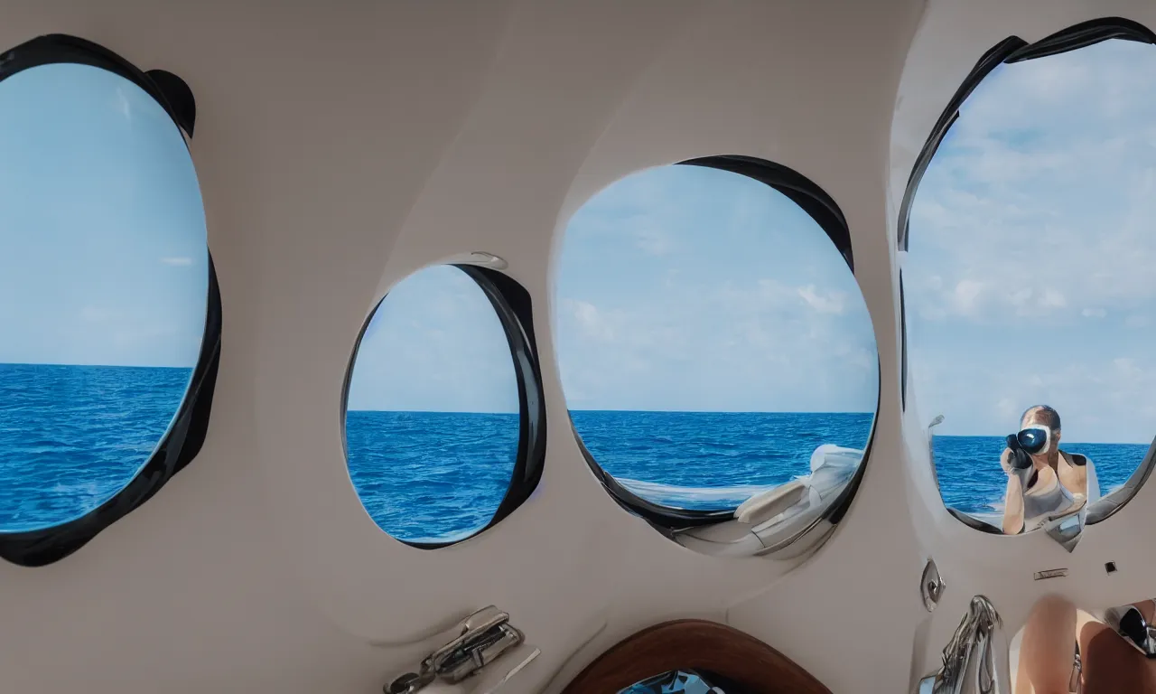 Prompt: view through the horizontal big oval window of Gulfstream G650 at the sea, man unfocused, sea in the focus, super yacht on a horizon, summicron 35mm f/2