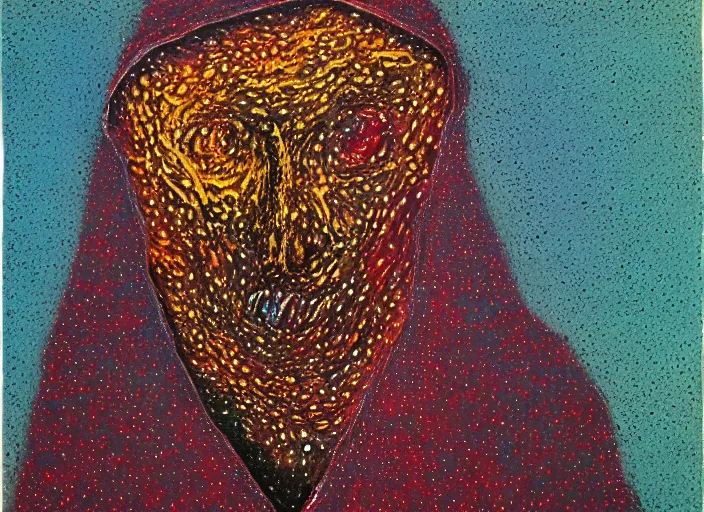Image similar to dark figure in cloak, hooded shadow, oil, pastel, acrylic, oil on canvas, high detail, dots, stippling, clay, high resolution, clay, fractal, drip, drops, pulled apart, style of francis bacon, fractal paint