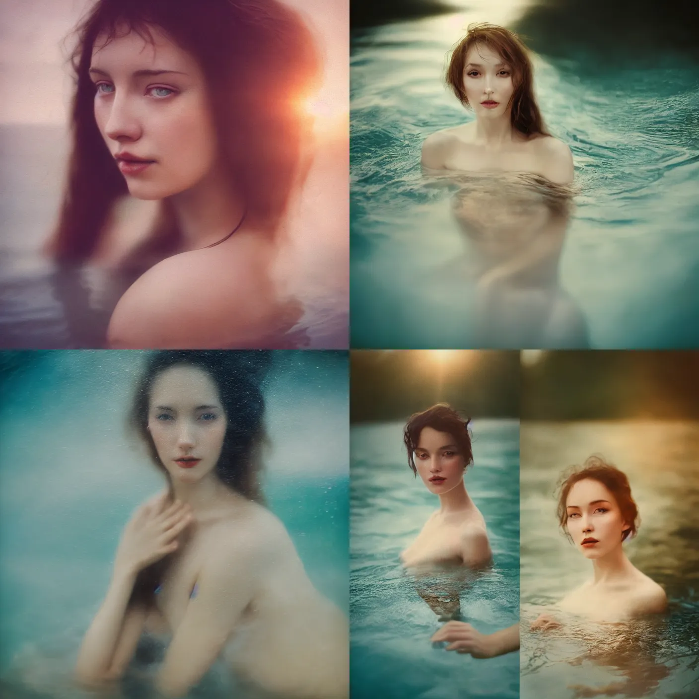 Prompt: close up photography of a beautiful woman surrounded by water byanka zhuravleva and ary scheffer. jean james and marco mazzoni. vogue. kodak portra. bokeh!. golden hour. detailed. hq. realistic. vibrant. lens flare. canon eos r 3, 8 k, raw, symmetrical balance, in - frame