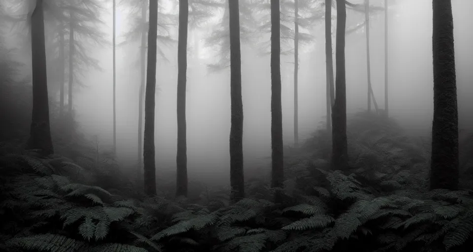 Prompt: deep inside the forest, fog, mist, moss, ferns, epic, award winning photo by ansel adams, masterpiece, artstation