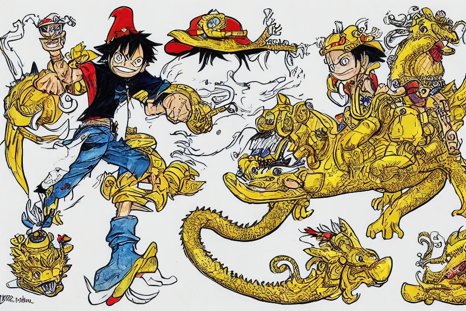 Image similar to concept sketches of luffy wearing a gold crown riding a large dragon by jamie hewlett, in the style of megaman