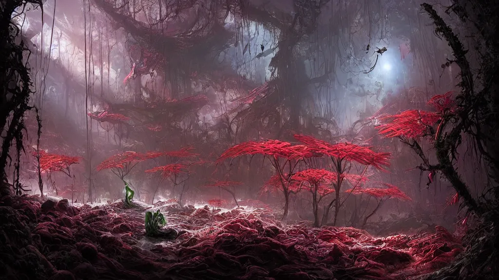 Image similar to a Photorealistic dramatic Matte painting,Looking through deep inside an Alien planets dense red forest there is a gigantic crashed spaceship,a lone astronaut in a white spacesuit with lights is exploring outside,hundreds of tall gigantic monster carnivorous Red Venus Flytrap plants and glowing bulbs,translucent wet and slimy plant life by Greg Rutkowski,Craig Mullins,James Paick,Fenghua Zhong,a misty haze,Beautiful dramatic dark moody nighttime lighting,Cinematic Atmosphere,Volumetric,Terragen,Octane Render,artstation,8k