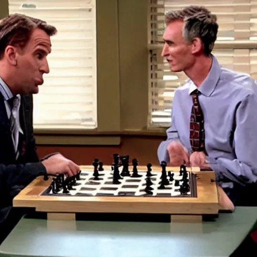 Prompt: Michael Scott playing chess with Bill Nye