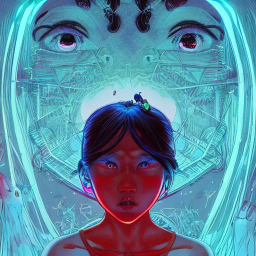 Prompt: beautiful young japanese girl with glowing red eyes finds herself lost in a dark indigo room, painted part by josan gonzales, part by dan mumford, part by norman rockwell, part by mark riddick, part by ed repka, artstation