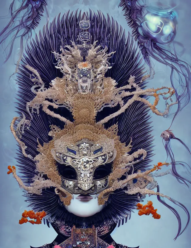 Prompt: goddess macro close - up portrait with crown and mask made of ram skull. beautiful intricately detailed japanese crow kitsune mask and clasical japanese kimono. betta fish, jellyfish phoenix, bioluminescent, plasma, ice, water, wind, creature, artwork by tooth wu and wlop and beeple and greg rutkowski