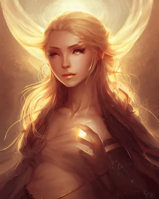 Image similar to a beautiful female cleric, ethereal, dreamy, backlit, highly detailed, stern expression, realistic lighting, sharp focus, windswept, rule of thirds, by artgerm, wlop, rossdraws, frank frazetta, andrei riabovitchev, trending on artstation, hd, 4 k, fantasy