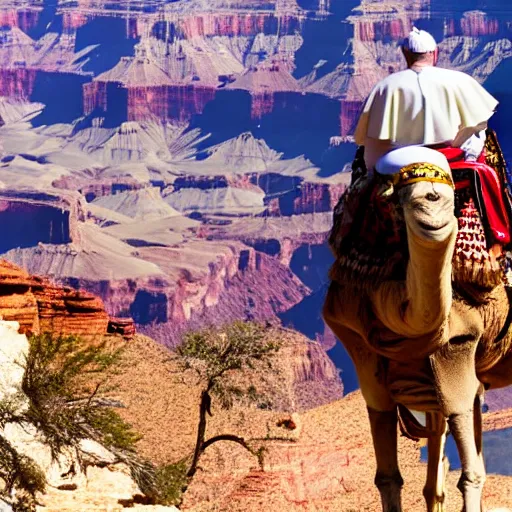 Image similar to A photo of the Pope riding a camel at the grand canyon 85mm lens, f1.8.