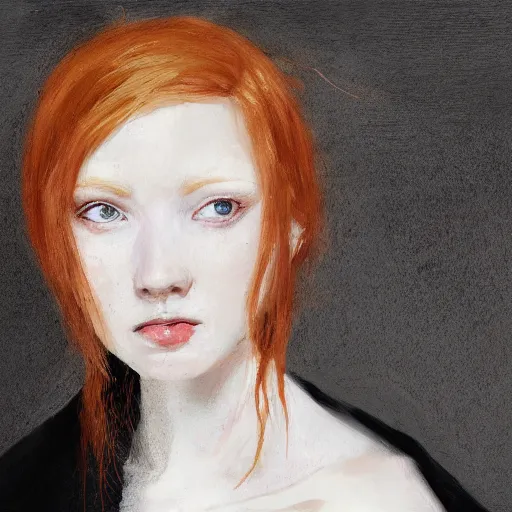 Image similar to studio portrait, a short pale ginger girl with freckles, ginger hair is middle parted, scowling, wearing a black robe, trending on art station, by wlop