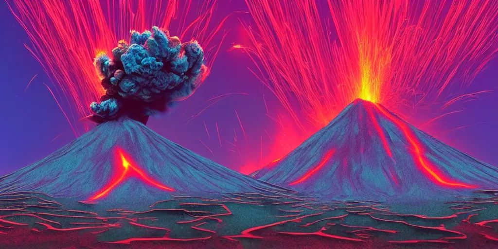 Image similar to a synthwave volcano eruption