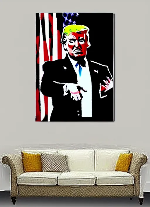 Image similar to banksy donald trump the wolf of wall street art on canvas