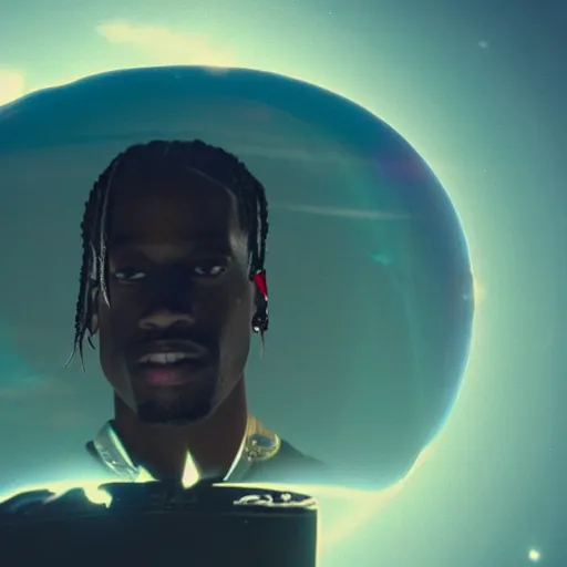 Image similar to Travis Scott sitting on a chair floating over Earth, 4k, Aubrey Powell, vintage photo, lens flare, beautiful cinematography, surreal, film grain