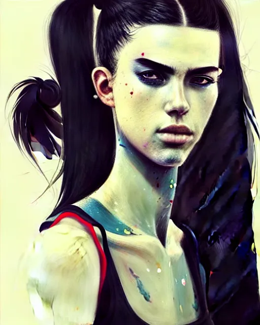 Prompt: a ultradetailed beautiful portrait painting of a stylish woman with a ponytail, she is wearing a black tank top and jeans, by conrad roset, greg rutkowski and makoto shinkai trending on artstation