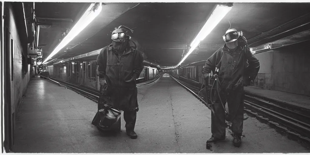 Image similar to welder wearing welding masks in the subway, by richard avedon, ominous lighting, tri - x pan stock