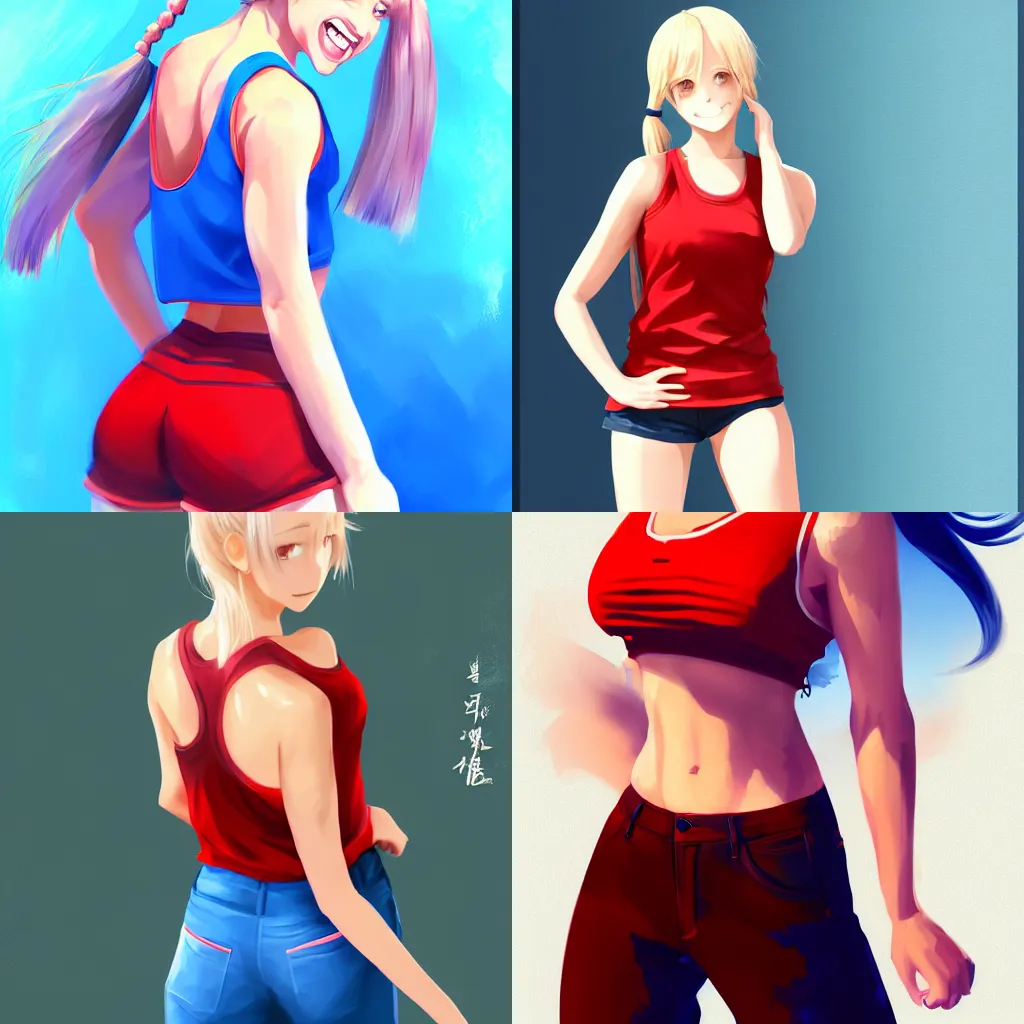 Prompt: A short and athletic young woman with blonde ponytails, a determined smile, wearing a red tank top and airy blue pants. Sports anime, digital painting by WLOP