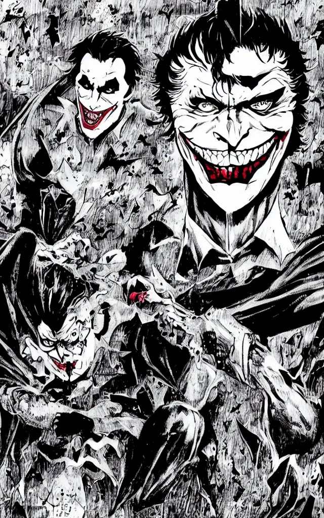 Image similar to Batman and joker in the style of junji ito, weapons, horror, manga