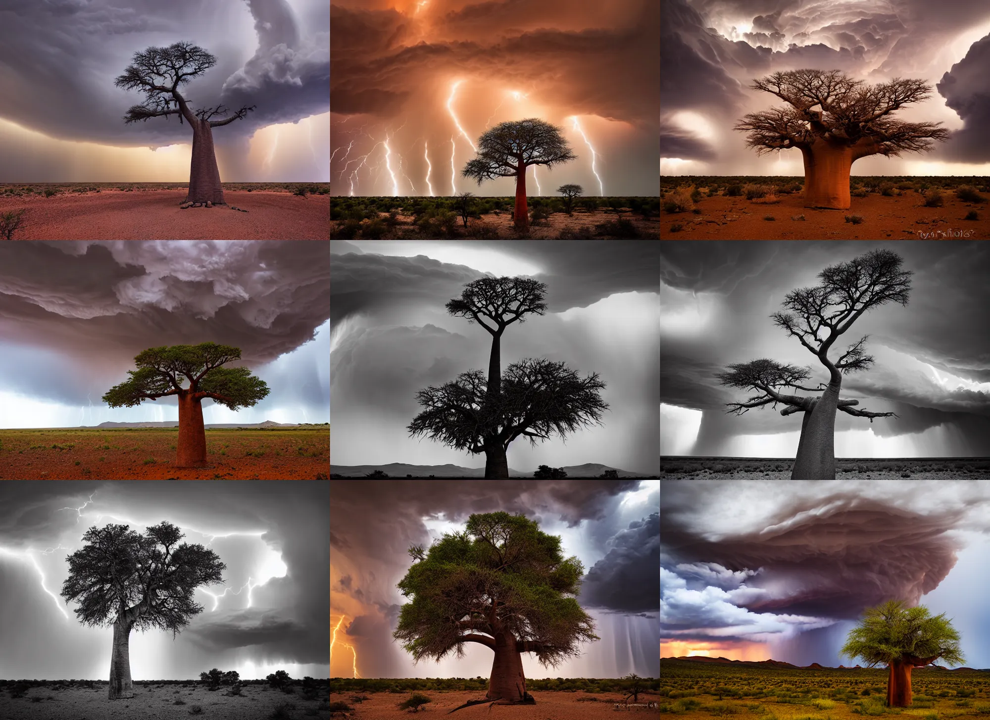 Prompt: a dramatic landscape photo by ryan dyar of a thunderstorm over a lonely baobab tree in the desert, highly detailed, 8 k