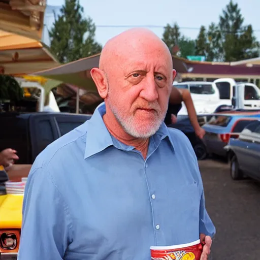 Image similar to mike ehrmantraut selling hot dogs