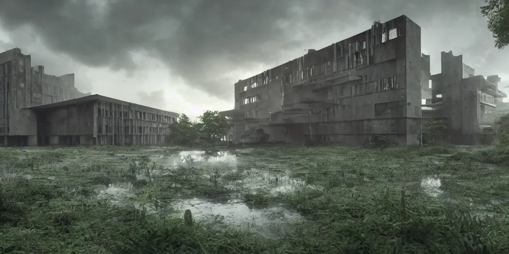 Image similar to brutalist architecture abandoned hospital, surrounded by lush green forest and murky ponds of water, stunning volumetric lighting, sundown, stunning skies, trending on Artstation, 8k, photorealistic, hyper detailed, unreal engine 5, IMAX quality, cinematic, epic lighting, cryengine, octane render, gloomy, foggy, dark