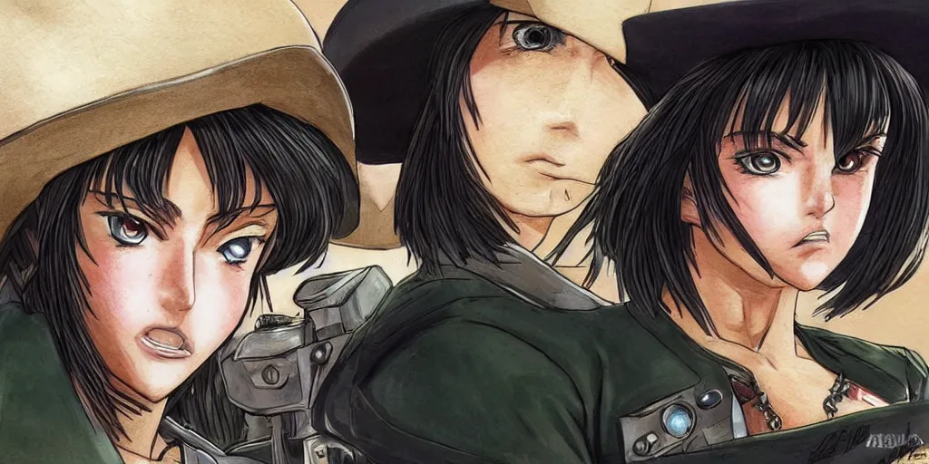 Image similar to portrait, complexity, global lighting, detail, ultra sharpness, beautiful female sheriff body from games yoshihiro togashi style, big eyes, plump lips, a gunshot, global lighting, western saloon theme, detailed faces, blank faces, style yoshihiro togashi style.