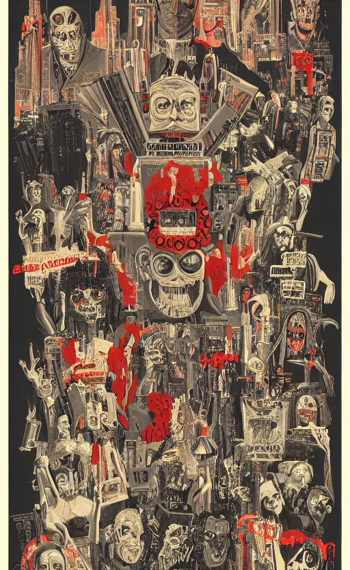 Image similar to cursed with necronomicon horrorcore cel animation poster depicting i don't know, intricate faces, metropolis, 1 9 5 0 s movie poster, post - processing, vector art