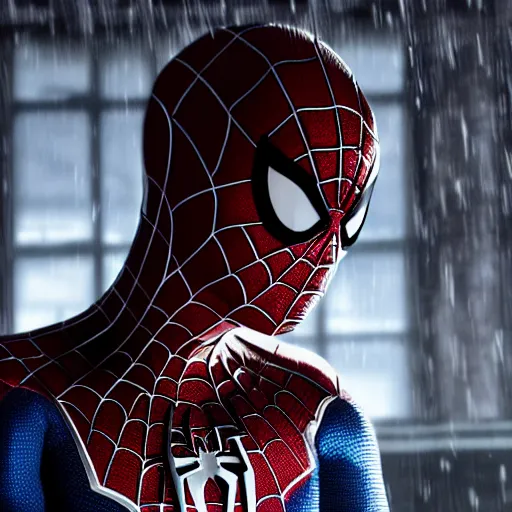 Image similar to Peter Parker as Spiderman , wet face , heavy rain ,dramatic, intricate, highly detailed, concept art, smooth, sharp focus, illustration, Unreal Engine 5, 8K