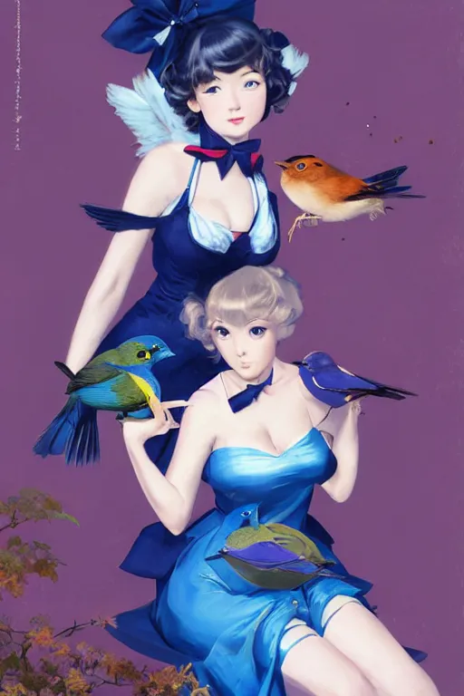 Image similar to anime pinup girl holding an indigo bunting, bird, the bird is wearing a bowtie, by greg rutkowski, rossdraws, gil elvgren, enoch bolles, anime, porcelain skin, very coherent