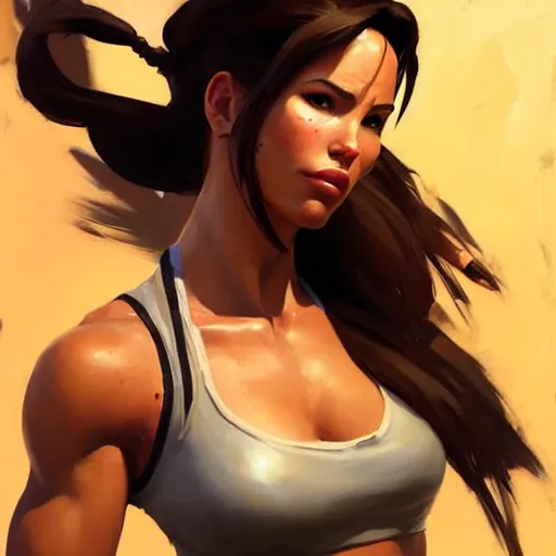 Image similar to Greg Manchess portrait painting of Lara Croft as Overwatch character, medium shot, asymmetrical, profile picture, Organic Painting, sunny day, Matte Painting, bold shapes, hard edges, street art, trending on artstation, by Huang Guangjian and Gil Elvgren and Sachin Teng