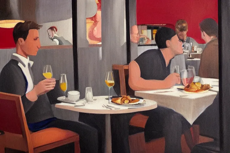 Prompt: busser in a restaurant declares his undying love to an empty plate, art by dean macadam