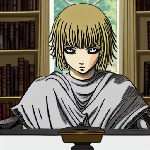 Image similar to griffith from berserk manga by kentaro miura sitting at his white house oval office desk