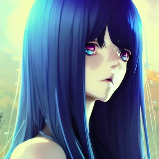 An anime girl with black hair and blue highlights. her hair is long and  straight. her eyes are amber