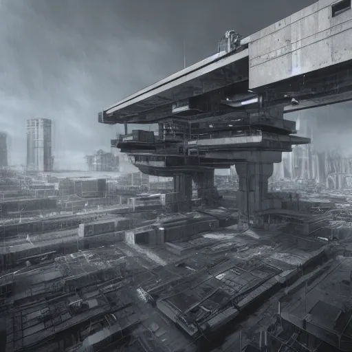 Image similar to scifi brutalist industrial complex, photorealistic