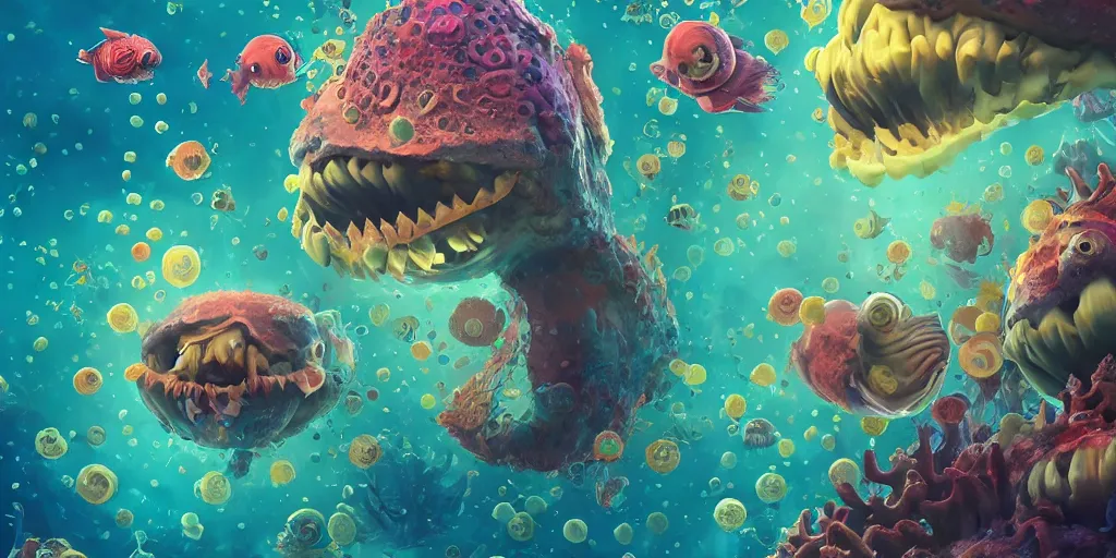 Image similar to of a colorful deep sea under water with strange cute friendly happy creatures with huge eyes, mouth, long tongue and round teeth appearing from sandy coral, in the style of gehry and gaudi, macro lens, shallow depth of field, ultra detailed, digital painting, trending artstation, concept art, illustration, cinematic lighting, photorealism, epic, octane render