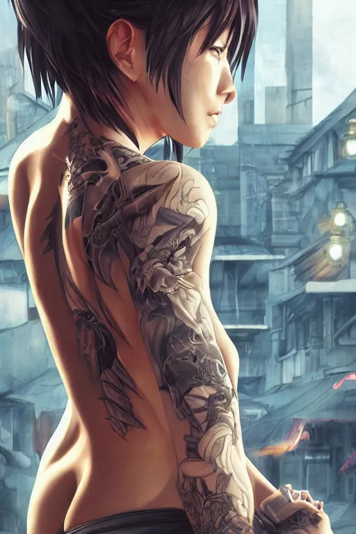 Prompt: Digital anime art by WLOP and Mobius, Downtown street, midday, young woman martial artist, bare back, tattoo with a dragon design, preparing to fight, multiple yakuza opponents, highly detailed, realistic day lighting