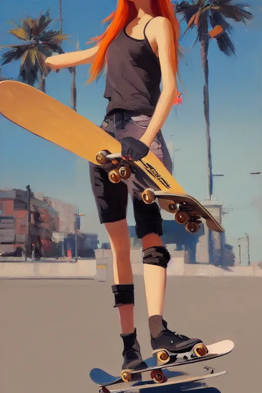 Image similar to A ultradetailed beautiful panting of a stylish woman standing on a skateboard, she is wearing streetwear, bright sunny day, Oil painting, by Ilya Kuvshinov, Greg Rutkowski and Makoto Shinkai