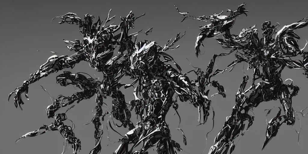 Image similar to sci - fi anime exoskeleton creatures, fighting the ancient tree god, wireframe, cinematic, high fantasy, maximalist, splatter paint, epic