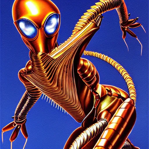 Image similar to bionic scorpion, art by peter lloyd, 1 9 8 0's art, retro art, airbrush style, art by hajime sorayama, intricate, elegant, sharp focus, illustration, highly detailed, concept art, matte, sharp focus, illustration, highly detailed, h 8 0 0