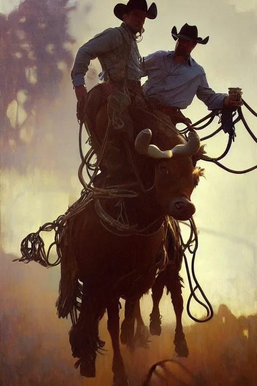 Image similar to hyperrealist portrait of a cowboy roping a steer coach by jeremy mann and alphonse mucha, fantasy art, photo realistic, dynamic lighting, artstation, poster, volumetric lighting, very detailed faces, 4 k, award winning