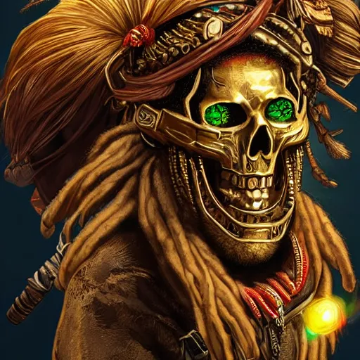 Image similar to a golden skull face monkey warrior with dreadlocks and emeralds in his forehead, Apex Legends character digital illustration portrait design, by android jones, detailed, cinematic lighting, wide angle action dynamic portrait