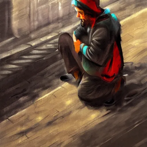 Prompt: homeless man gaming and streaming on a PC, expressive oil painting, digital art, matte art, gaming pc, headset
