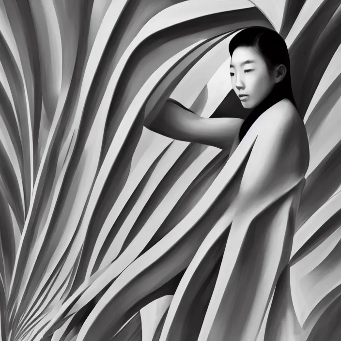 Image similar to feminine korean girl, sharp, bauhaus, aerodynamic, fast, flat art, digital art, hd, by santiago calatrava, by escher