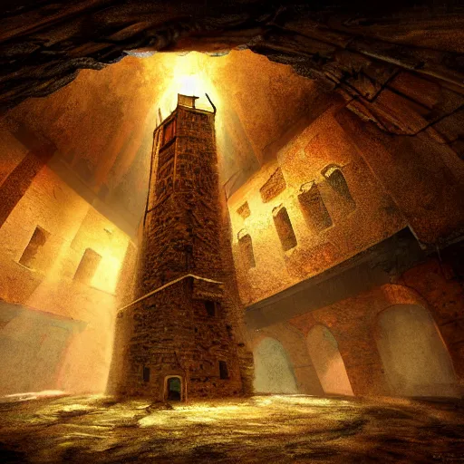 Image similar to an abandoned old,rusty, clock tower in a dark enormous cave, painting, illustration, Concept art, art station , 4k, perfectly balanced light, digital art, unreal