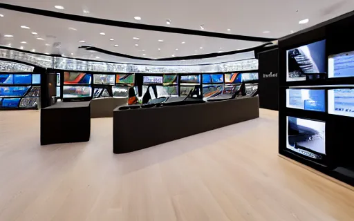 Image similar to A flagship Samsung store. black walls. timber floor. high ceilings with spots. wood furniture with large digital screen. display tables with phones and tablets, pots with plants, large digital screens on the walls, Architectural photography. 14mm. High Res 8K. award winning architectural design, Japandi Style, warm and happy, inviting