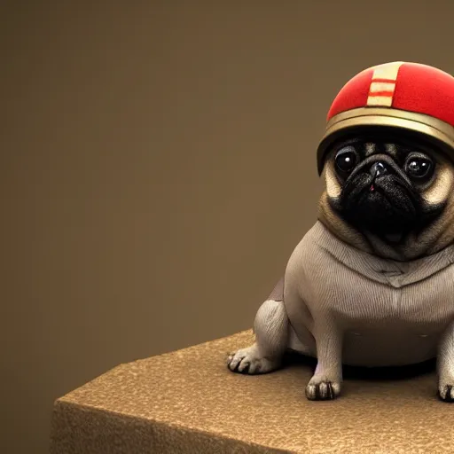 Image similar to high detailed soft 3 d render of a little pug dog with a first world war german helmet on his head sitted on the top of a bazooka, very detailed, 3 d, trending on artstation