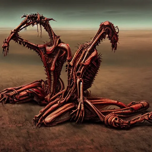 Image similar to conjoined demon twins sitting legs crossed in a desert hellscape covered in gore by Yoshitaka Amano, by HR Giger, biomechanical, 4k, hyper detailed, hyperrealism, anime, a Broken World demons flying overhead, red sky, blood and body parts, deviantart, artstation