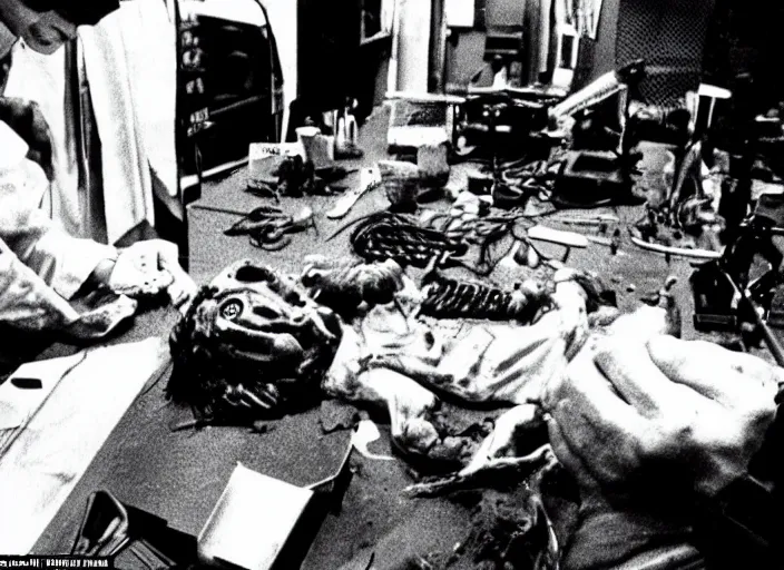 Prompt: 3 5 mm photography of a human monster dissection in the operations room horror film practical fx by david cronenberg ridley scott 1 9 7 0