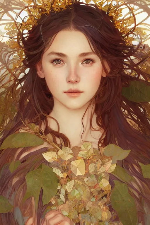 Image similar to beautiful ancient girl in makeshift leaf armor, highly detailed, digital painting, artstation, sharp focus, illustration, art by tan zi and ayanamikodon and alphonse mucha and wlop