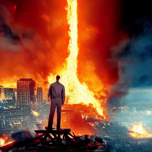 Image similar to Live Action Still of Jerma in The Towering Inferno, real life, hyperrealistic, ultra realistic, realistic, highly detailed, epic, HD quality, 8k resolution, body and headshot, film still